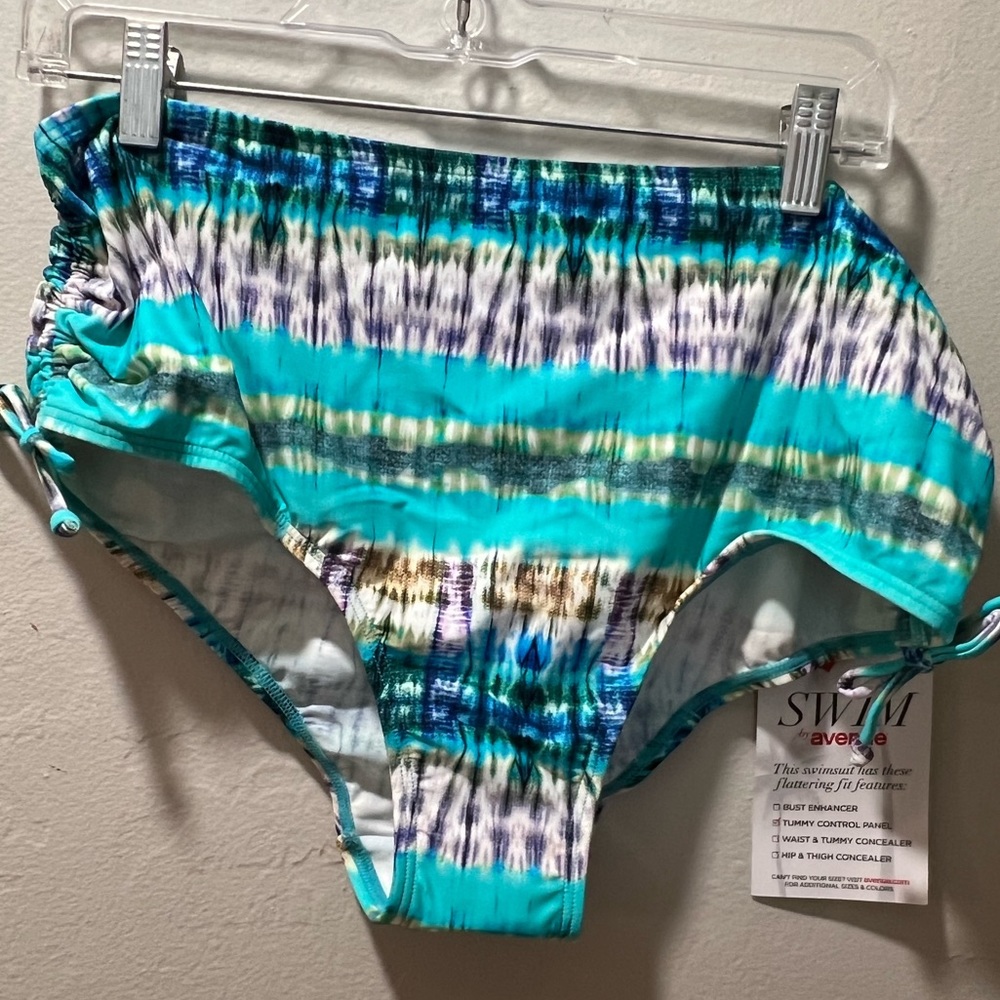 Size 16&28  NWT Swimsuit bottoms. Bright turquoise print, rouged, /Tummy control
